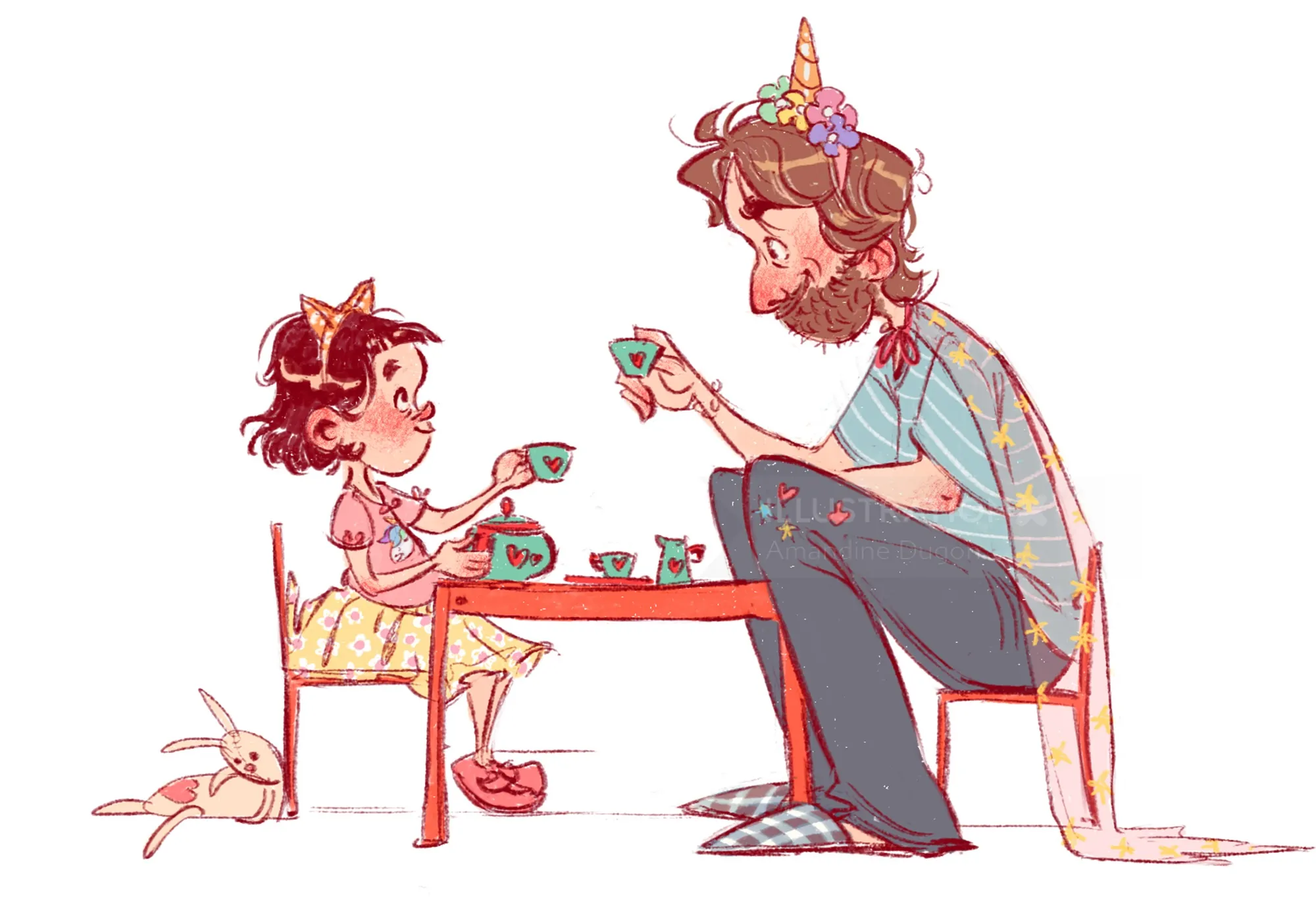 Illustration d'Amandine Dugon représentant un enfant et un adulte barbu prenant le thé avec un lapin