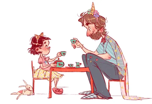 Amandine Dugon illustration of a child and bearded adult having tea with a rabbit