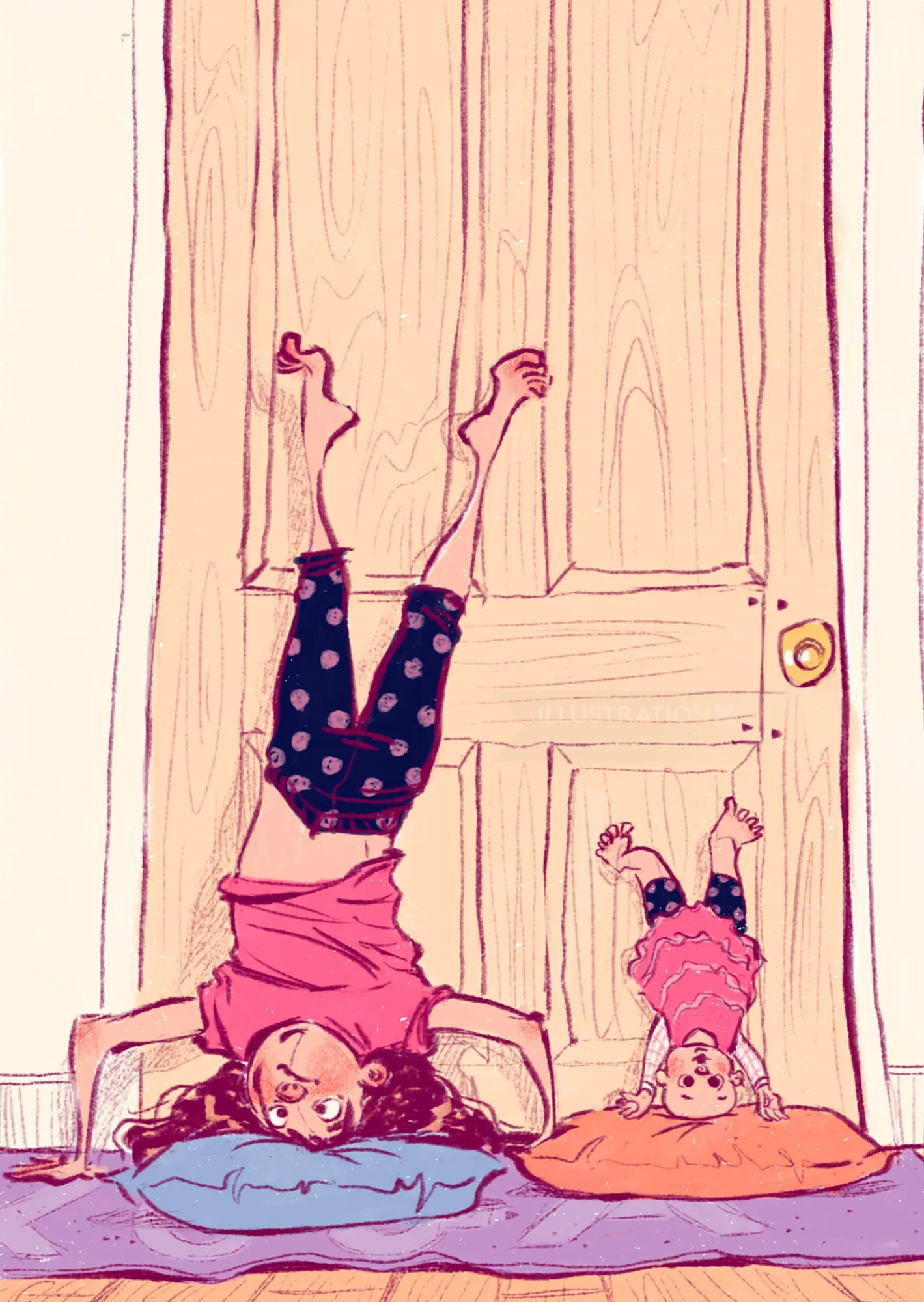 Illustration d'Amandine Dugon représentant deux enfants jouant la tête en bas à l'intérieur