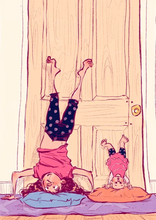 Illustration by Amandine Dugon of two children playing upside down indoors