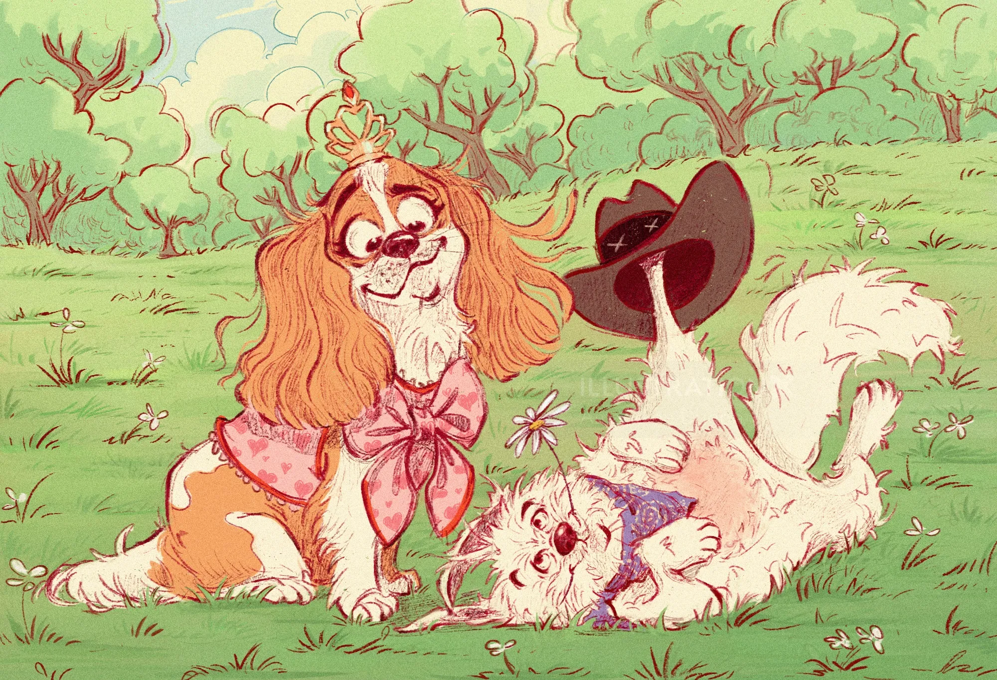 Illustration d'Amandine Dugon représentant deux chiens décorés jouant dans une prairie