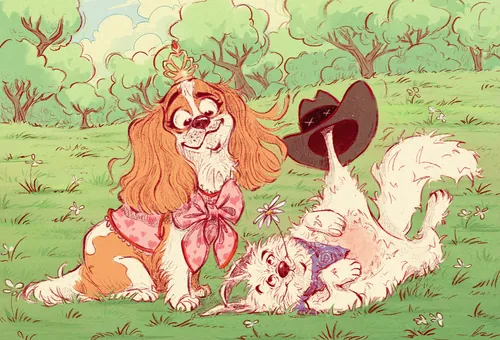 Amandine Dugon illustration of two decorated dogs playing in a meadow