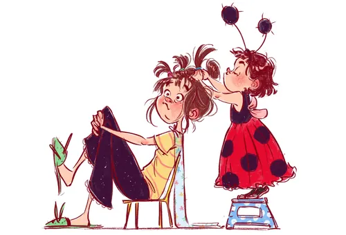 Amandine Dugon illustration of two red-haired girls creating together