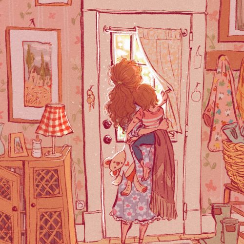 Amandine Dugon illustration of a girl standing in a decorated doorway