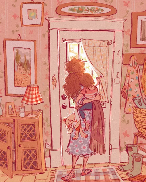 Amandine Dugon illustration of a girl standing in a decorated doorway