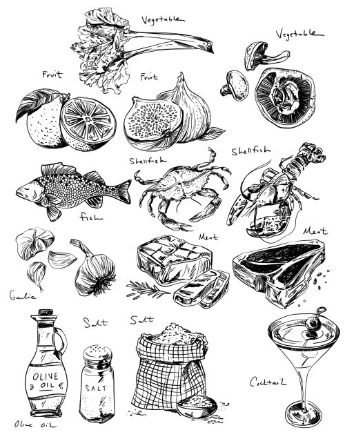 black, line, sketch, food, culinary, flat, steak, fish, vegetable, beverage, white, simple, minimal