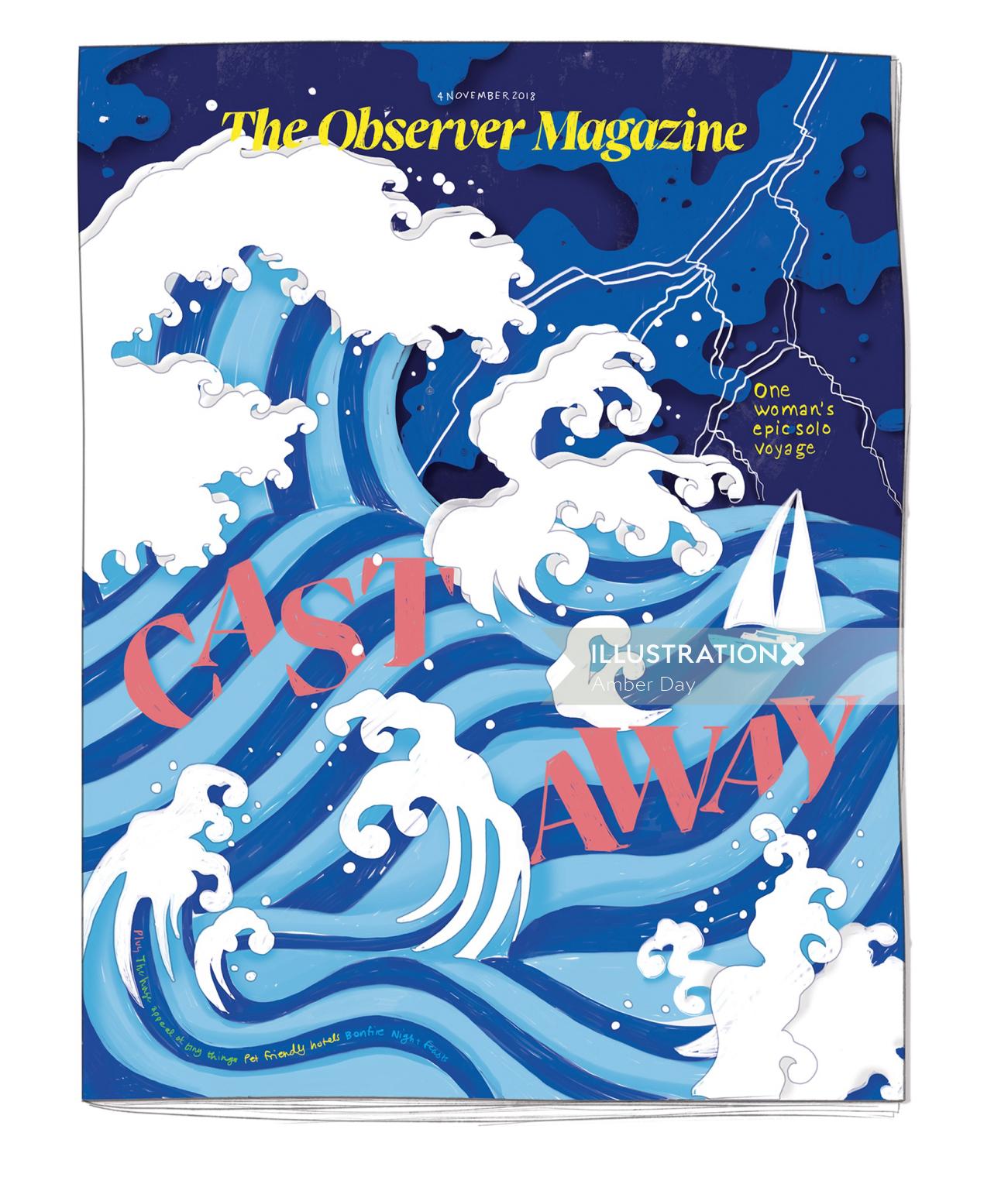 Japonés, revista, portada, arte, agua, océano, olas, verano, barco, crucero, vacaciones