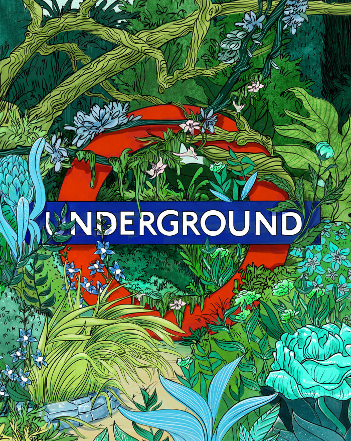 Londres, métro, jungle, couleur, vert, plantes, sauvage, ligne, logo, affiche