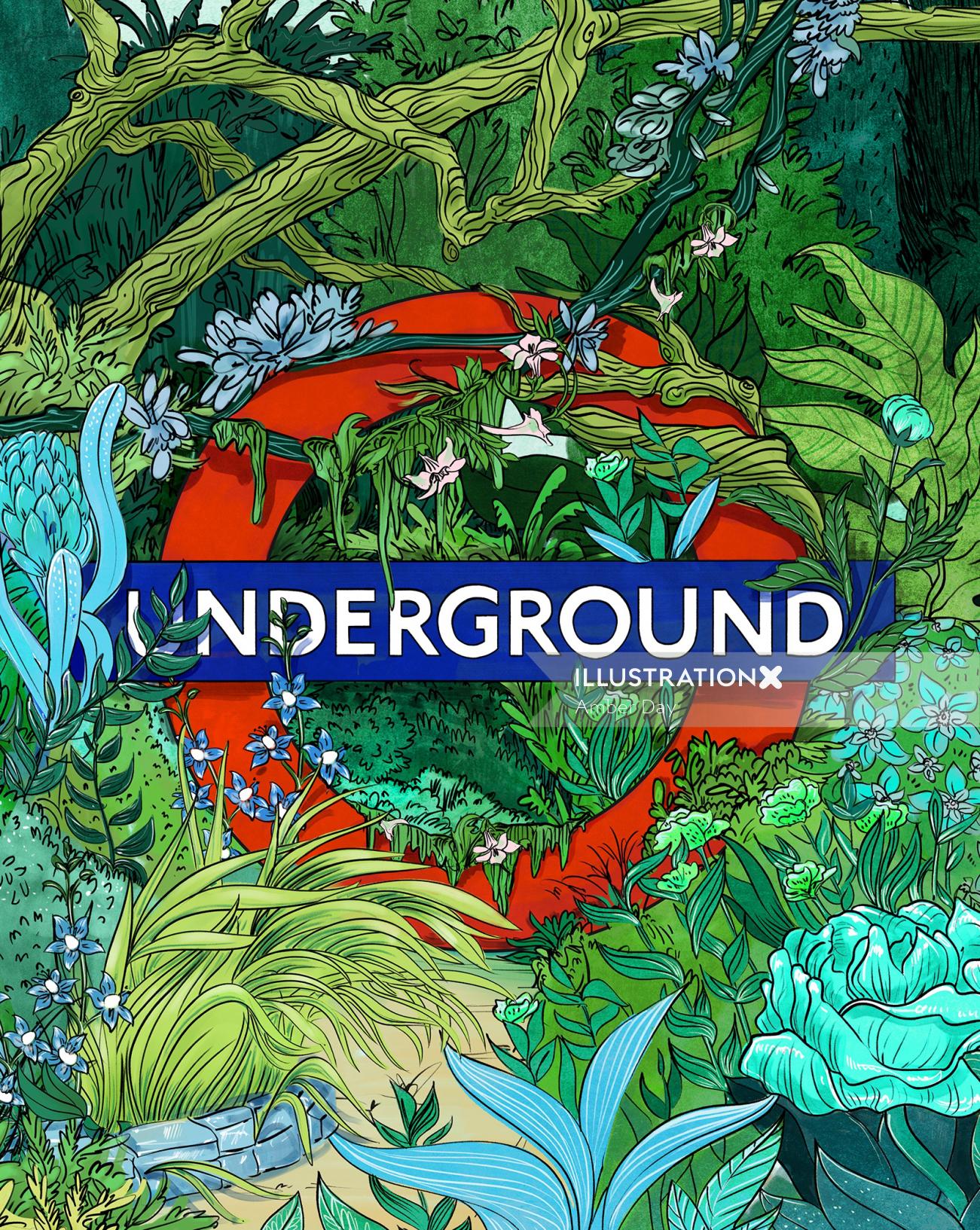 ロンドン、地下鉄、ジャングル、色、緑、植物、野生、ライン、ロゴ、ポスター
