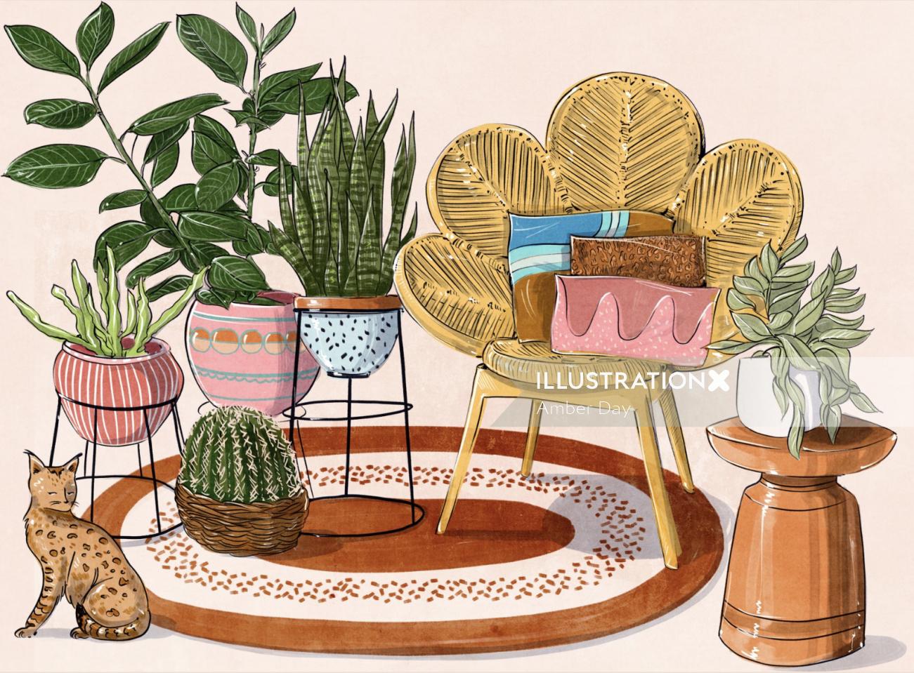 Ilustración de plantas en casa.