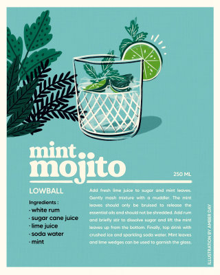 cocktail, infographie, citron vert, milieu du siècle, années 60, mojito, menthe, boisson, brillant, inspirant, audacieux, e