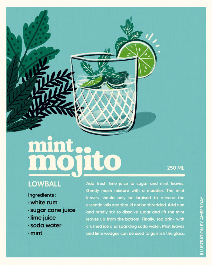 cocktail, infographie, citron vert, milieu du siècle, années 60, mojito, menthe, boisson, lumineux, inspirant, audacieux, e