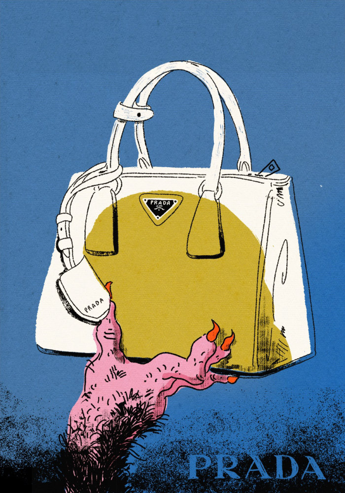 An advertising illustration featuring Prada's Galleria bag