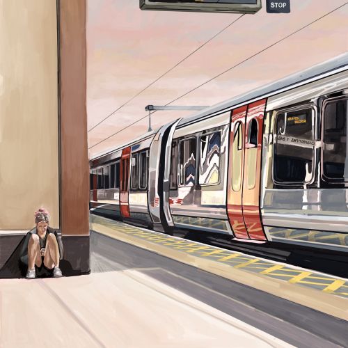Train station realistic painting