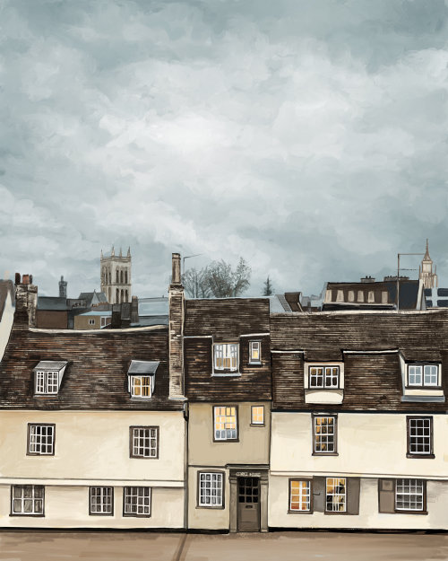 Photorealistic painting of Cambridge Rooftops