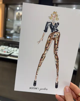 Fashion illustration of a tall woman in patterned pants and black top