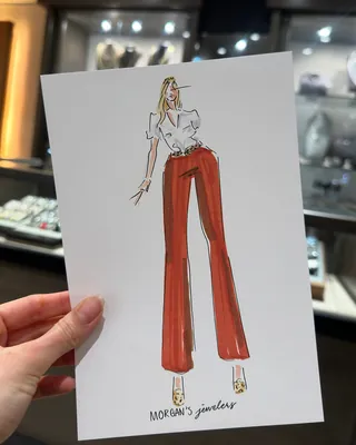 Fashion sketch of a woman in a white blouse and red wide-leg pants