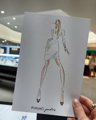 Fashion sketch of a woman in a white dress and heels