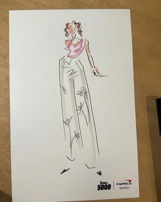 Stylish fashion illustration of a woman in wide-leg pants and a pink top
