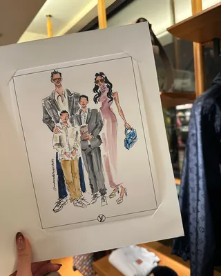 Fashion illustration of a family with elegant clothing and accessories