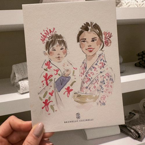 Illustration of mother and daughter at Brunello Cucinelli event