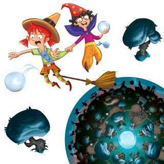 Ilustración de personaje de niños brujos volando.