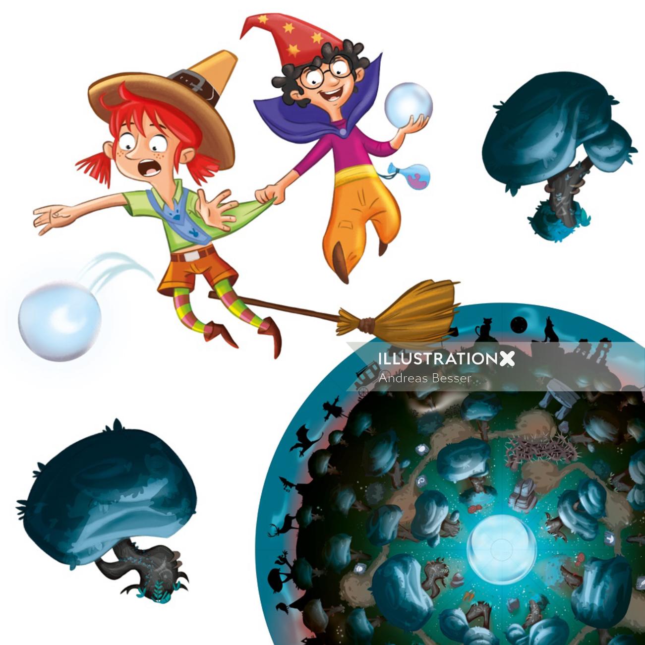 Character illustration of witch kids flying