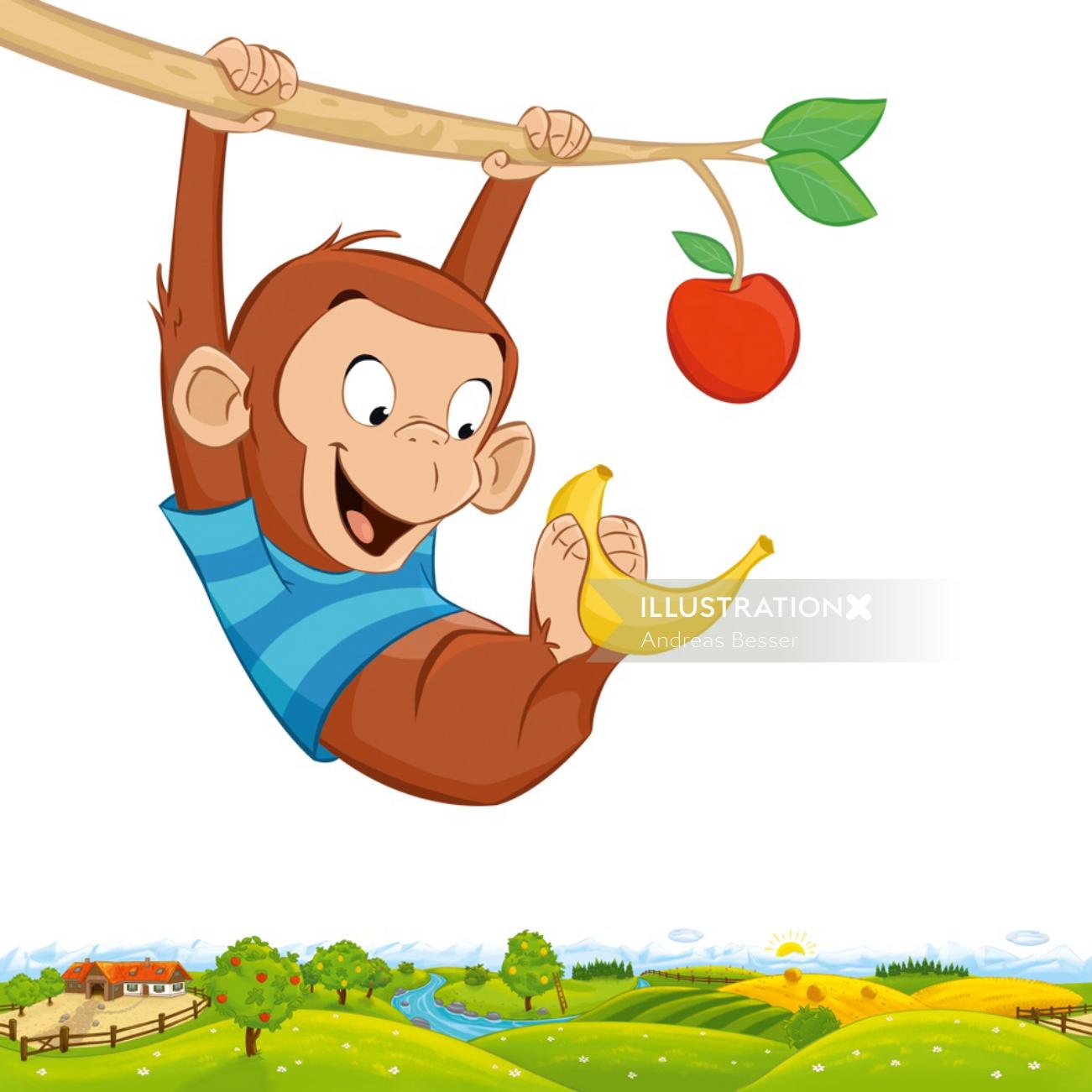 バナナを保持している漫画の猿