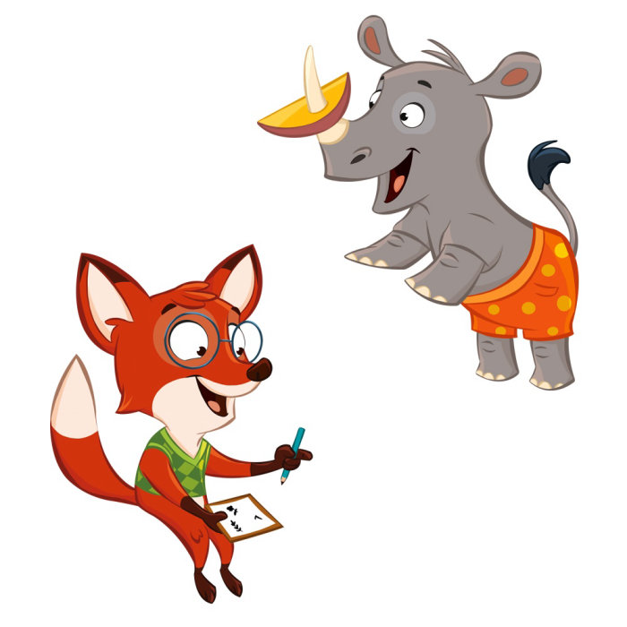 Ilustração de personagem de engraçado rinoceronte e raposa