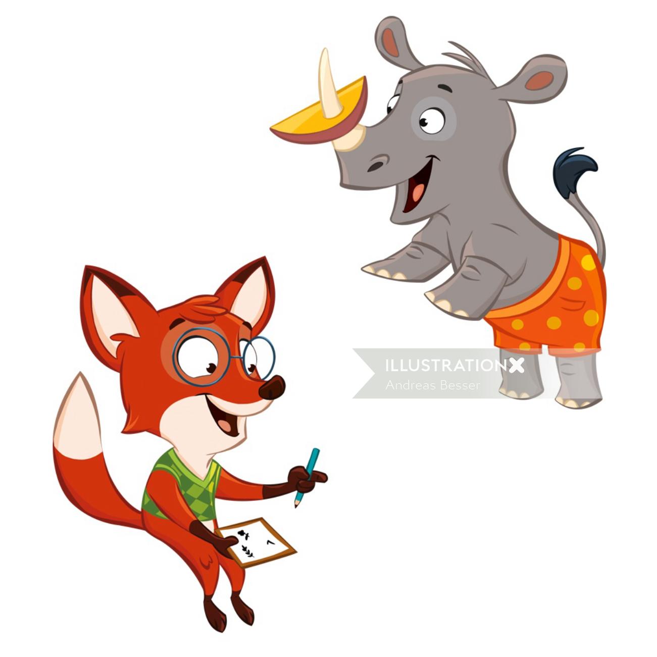 Illustration du personnage de drôle de rhinocéros et de renard