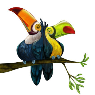 Dibujos animados de pájaros del amor en la rama de un árbol