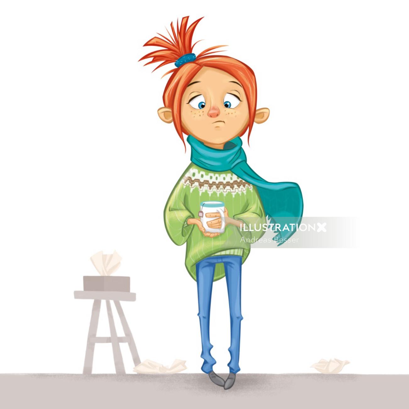 コーヒーカップと女の子の漫画のキャラクター