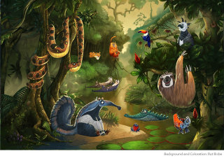 animais de desenho animado na floresta
