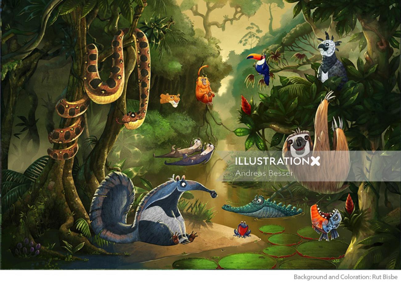 animaux de dessin animé en forêt