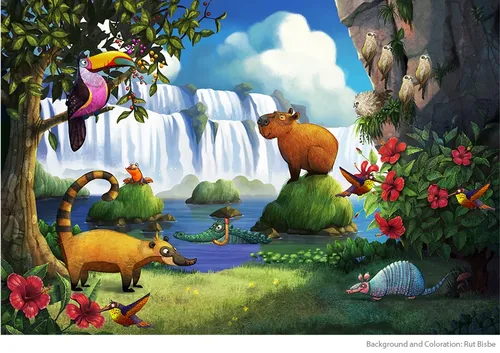 Cartoon von Tieren, die die Natur genießen
...