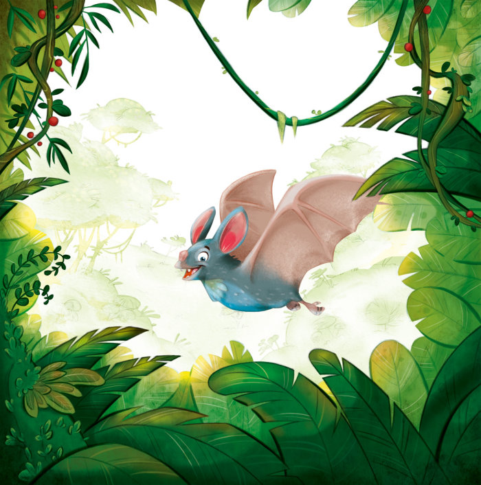 Digital illustration of a happy flying bat
