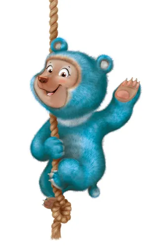 Child in blue bear costume climbing rope, illustration by Andreas Besser