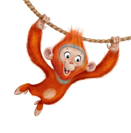 Digitale Illustration eines jungen Orang-Utans, der an einem Seil schwingt, von Andreas Besser