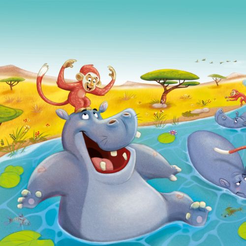 Playful hippos in river with monkeys swinging and sitting on them by Andreas Besser