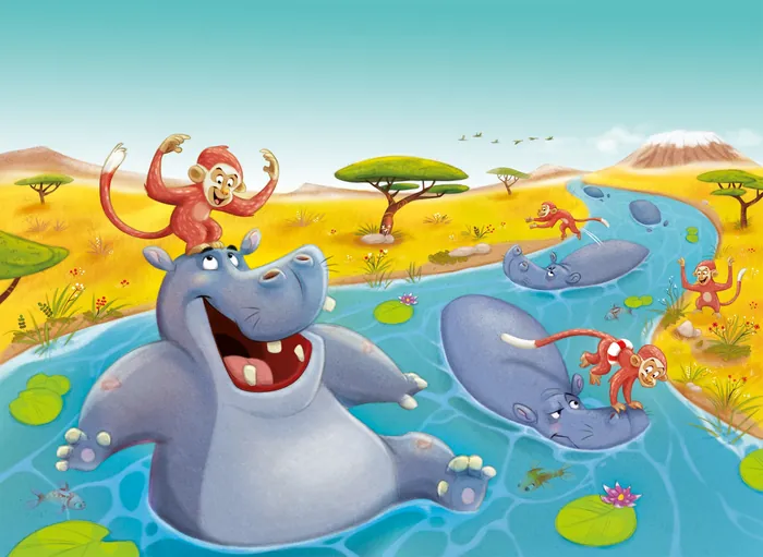 Playful hippos in river with monkeys swinging and sitting on them by Andreas Besser
