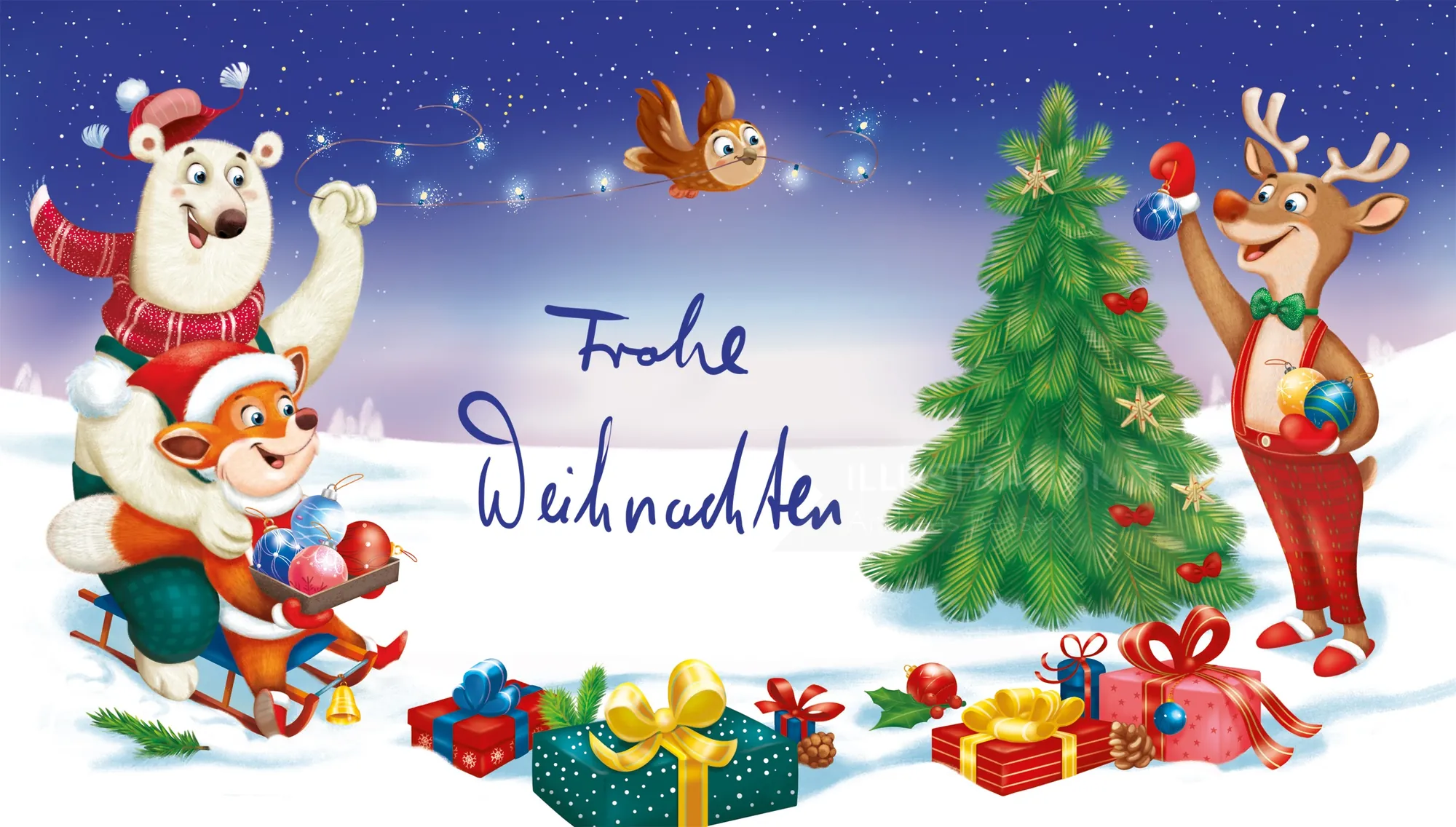 Animales navideños festivos alrededor de un árbol decorado con regalos por Andreas Besser