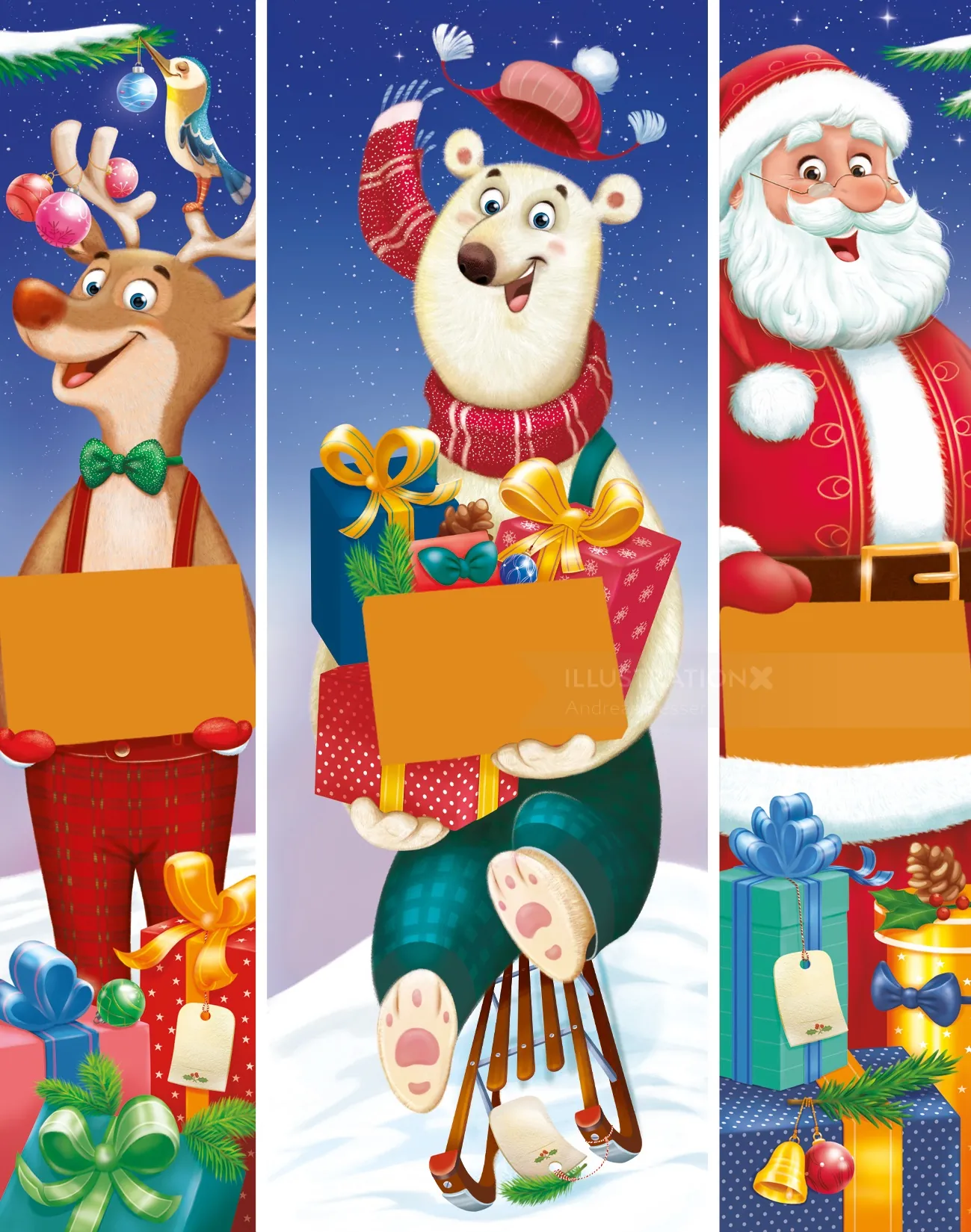 Weihnachtsrentier, Eisbär und Weihnachtsmann mit Geschenken von Andreas Besser