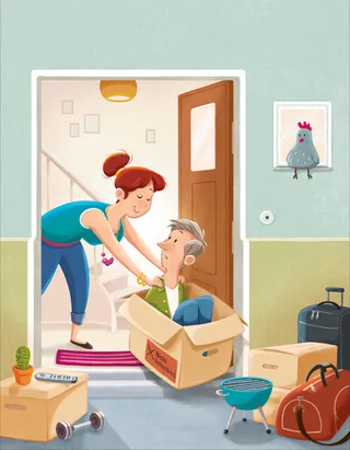 A woman helping a man sitting in a moving box inside a home Andreas Besser