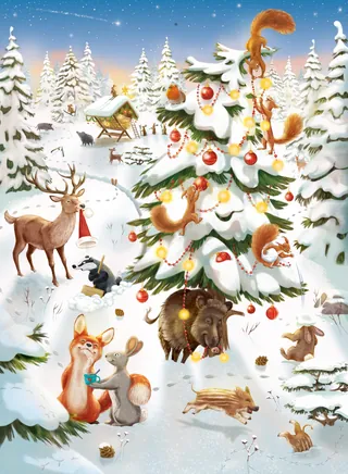 Winter scene with forest animals around decorated Christmas tree by Andreas Besser