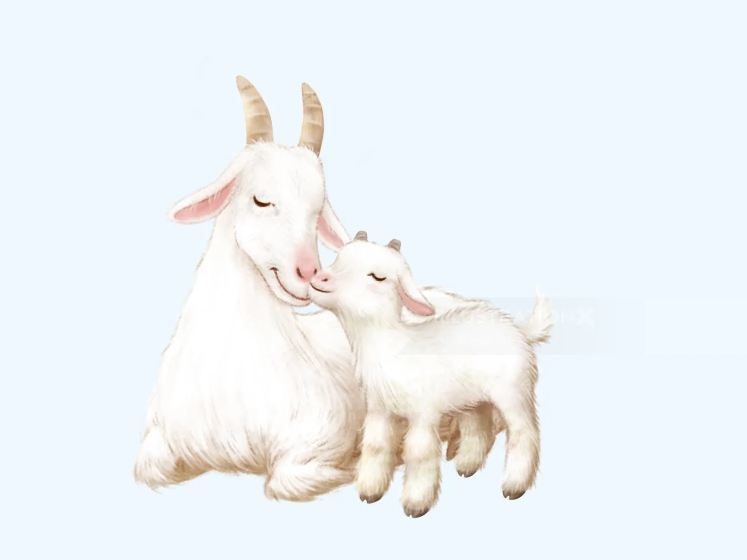 Illustration einer weißen Ziege und ihres Zickleins, die sich zärtlich berühren, von Andreas Besser
