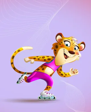 Cartoon cheetah roller skating smiling happily by Andreas Besser