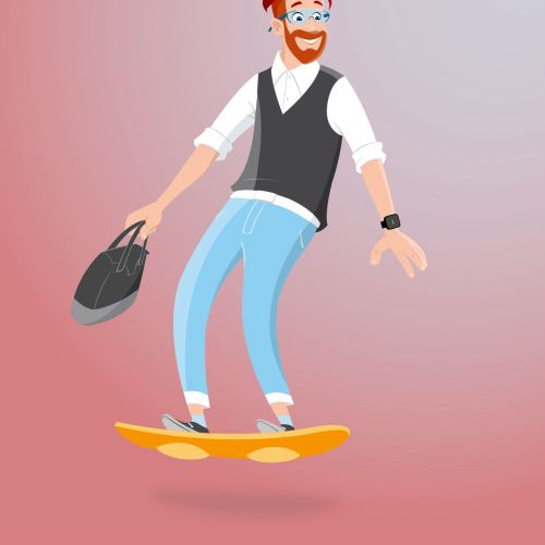 Red-haired man surfing on a hoverboard holding a briefcase by Andreas Besser