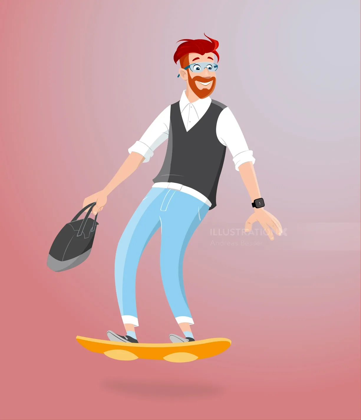 Rothaariger Mann surft auf einem Hoverboard und hält einen Aktenkoffer (Foto: Andreas Besser)