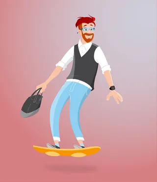 Red-haired man surfing on a hoverboard holding a briefcase by Andreas Besser