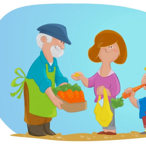 Farmer handing basket of carrots to woman and child, artwork by Andreas Besser